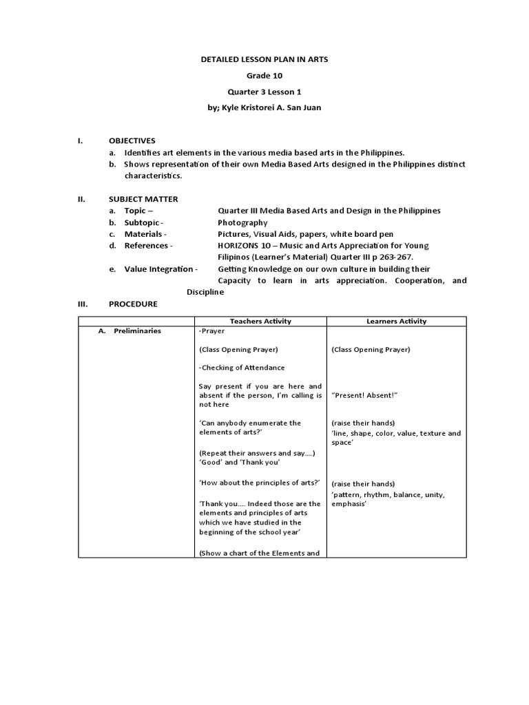 Detailed Lesson Plan in Arts Grade 10 Quarter 3 Lesson 1 by Kyle ...