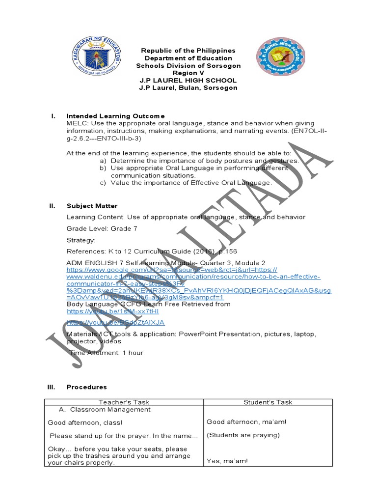 Oral Language Detailed Lesson Plan | PDF