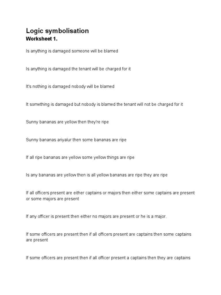 Logic Symbolisation: Worksheet 1 | PDF
