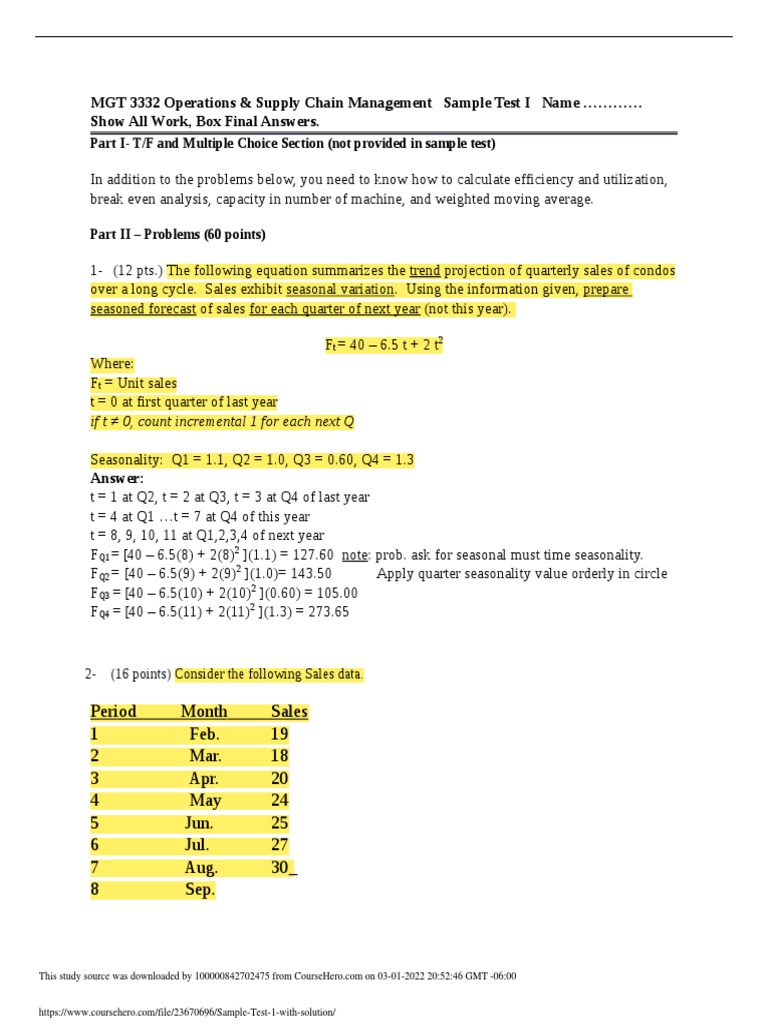 MGT 3332 Operations & Supply Chain Management Sample Test I Name Show