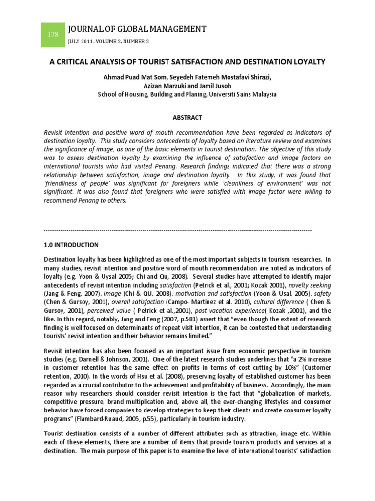 A Critical Analysis of Tourist Satisfaction and Destination Loyalty ...
