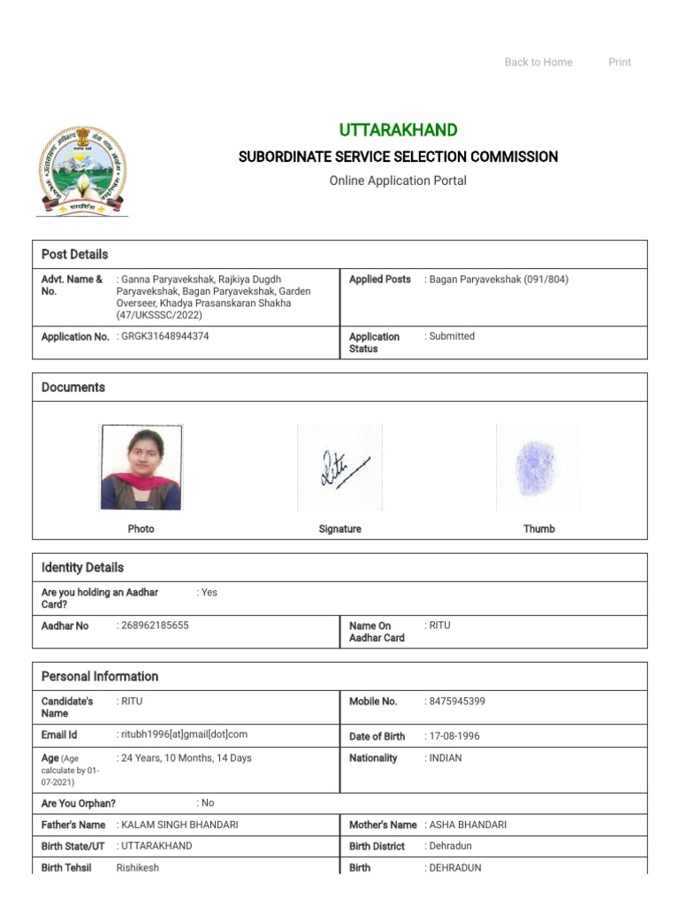 Review Registration Form Uttarakhand Suboardinate Service Selection