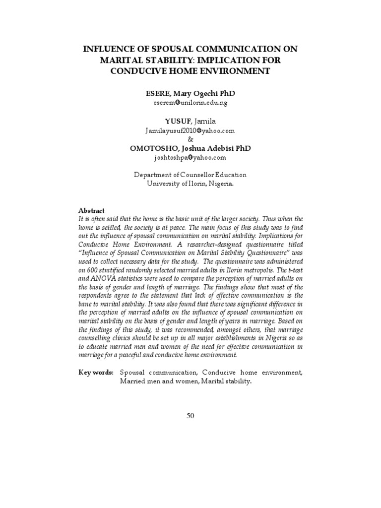 Influence of Spousal Communication On Marital Stability: Implication ...