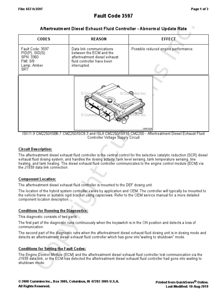Fault Code 3597 Aftertreatment Diesel Exhaust Fluid Controller