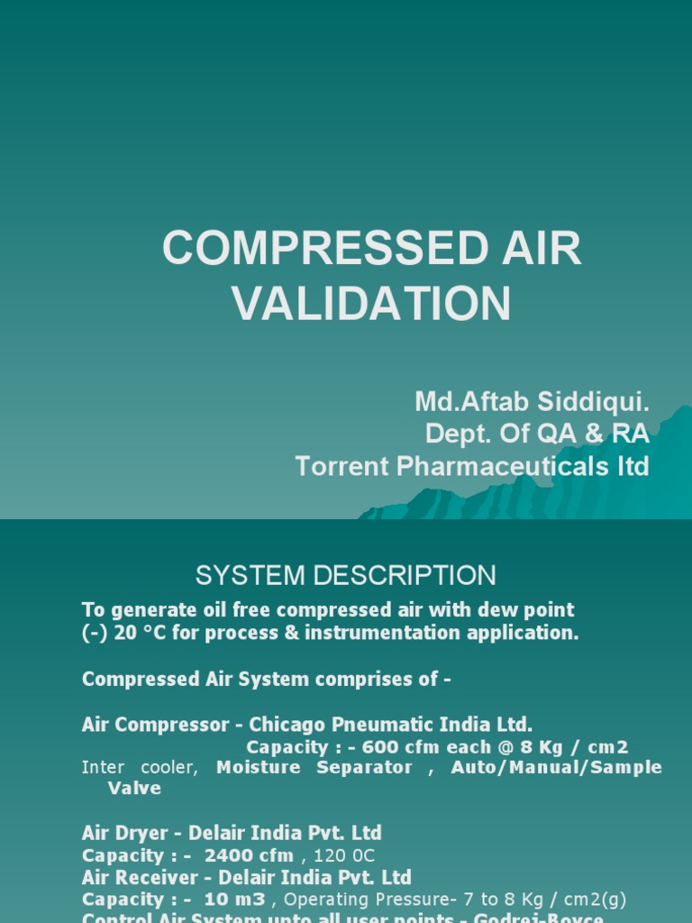 Compressed Air Validation MD Aftab Siddiqui. Dept. of QA & RA Torrent Pharmaceuticals LTD
