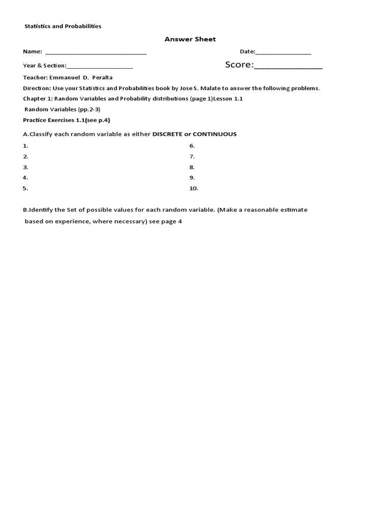 Statistics and Probabilities Answer Sheet | PDF