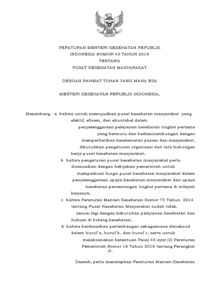 PMK No.43 Thn. 2019 TTG Puskesmas | PDF