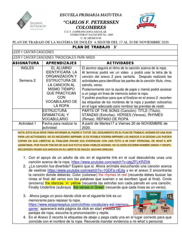 Plan de Trabajo de Inglés 3° Primaria | PDF
