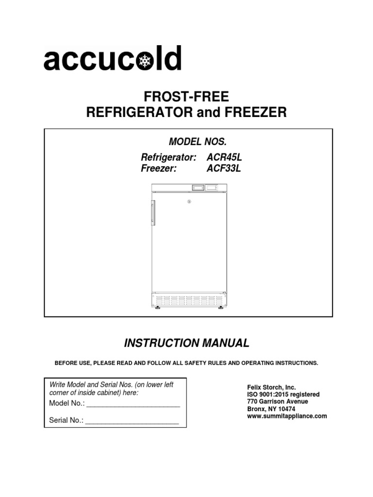 FrostFree Refrigerator and Freezer Instruction Manual PDF Ac