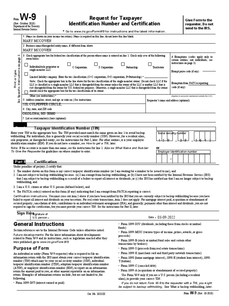 IRS W 9 Form PDF Limited Liability Company Social Security Number