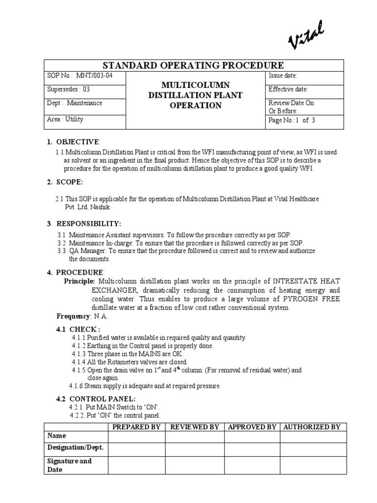 SOP for Multicolumn Distillation Plant | PDF | Distillation | Water