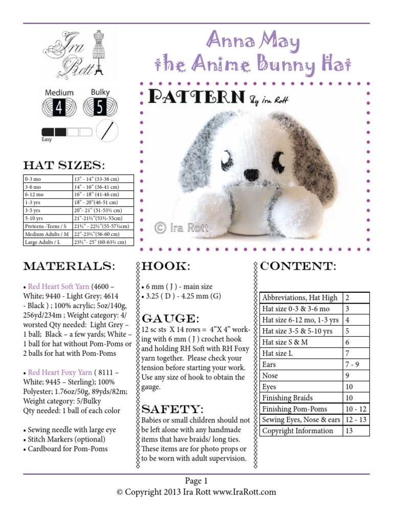 Ira Rott - Anna May The Anime Bunny Hat | PDF | Crochet | Textile Arts