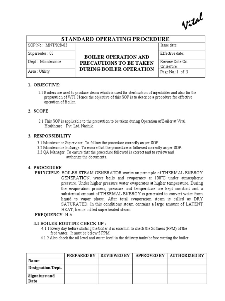MNT 028-03 Operating Procedure Boiler Operation | PDF | Boiler | Steam