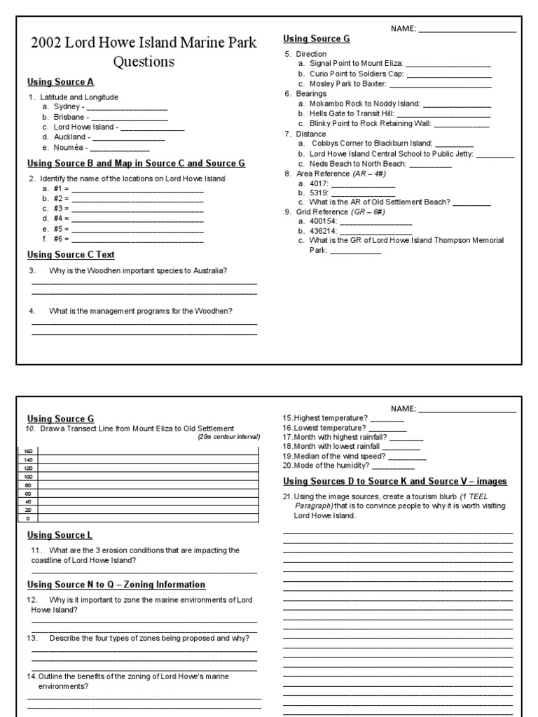 2002 Lord Howe Island Marine Park Questions and Answers PDF Earth