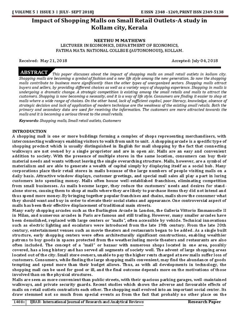 Impact Of Shopping Malls On Small Retail Outlets Pdf Retail