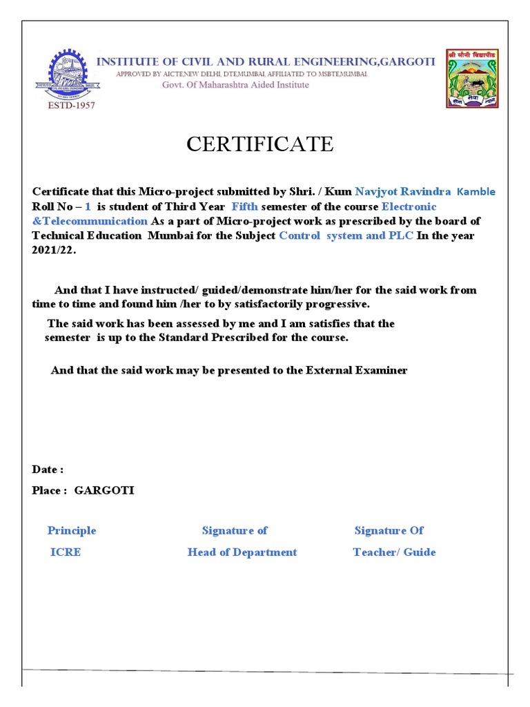 Micro-project Certificate for PLC Course | PDF