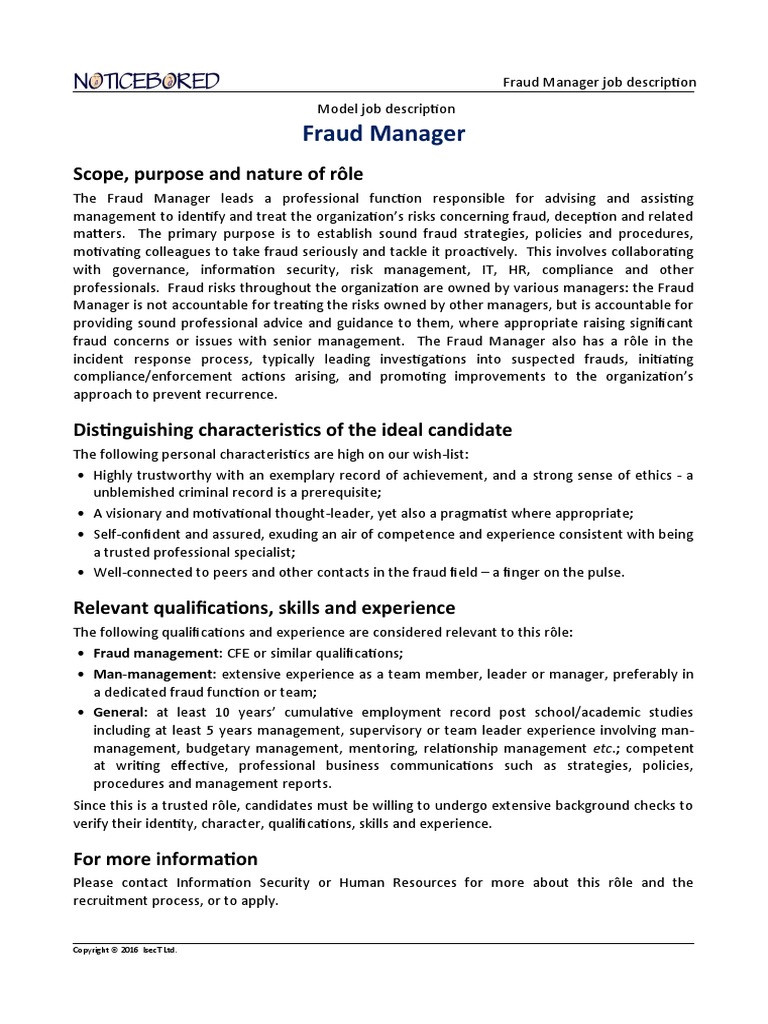 NB Model Job Description For Fraud Manager | PDF | Fraud | Information ...