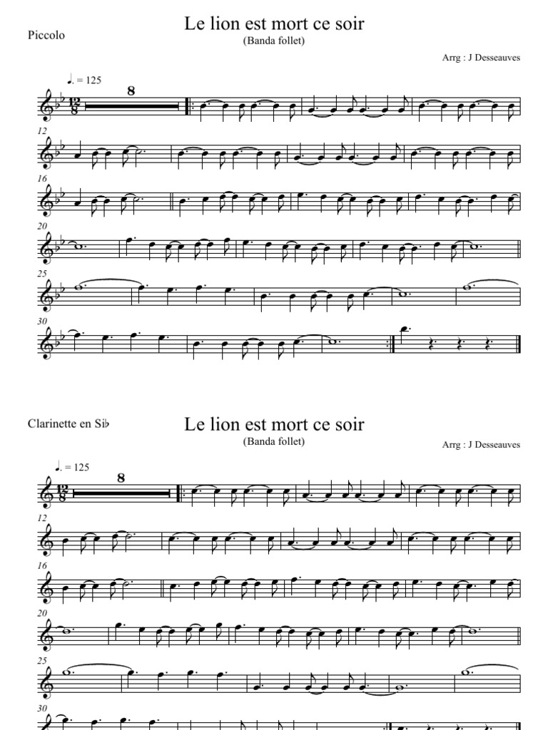 Tablature Le Lion Est Mort Ce Soir Le Lion Est Mort Ce Soir - Parties | PDF | Instruments de musique | Bois  (musique)