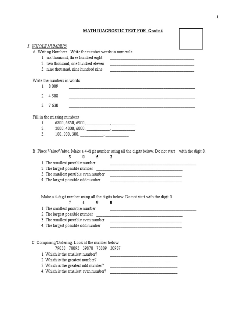 Grade 4 Math Diagnostic Test | PDF | Numbers | Litre
