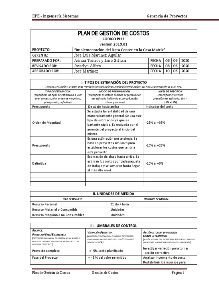 Plan de Gestión de Costos Proyecto Data Center | PDF | Presupuesto ...