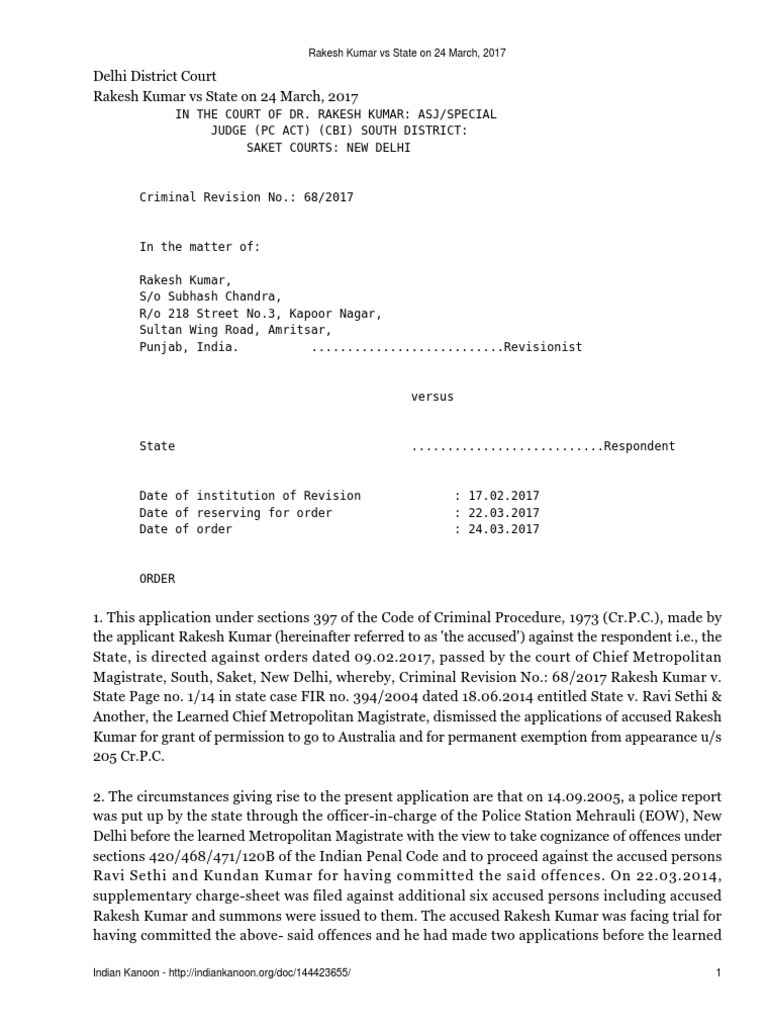Rakesh Kumar Vs State On 24 March 2017 PDF Travel Visa Bail