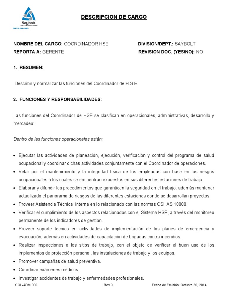 COL-ADM 006-Descripcion de Cargo Coordinador HSE | PDF | Seguridad y ...
