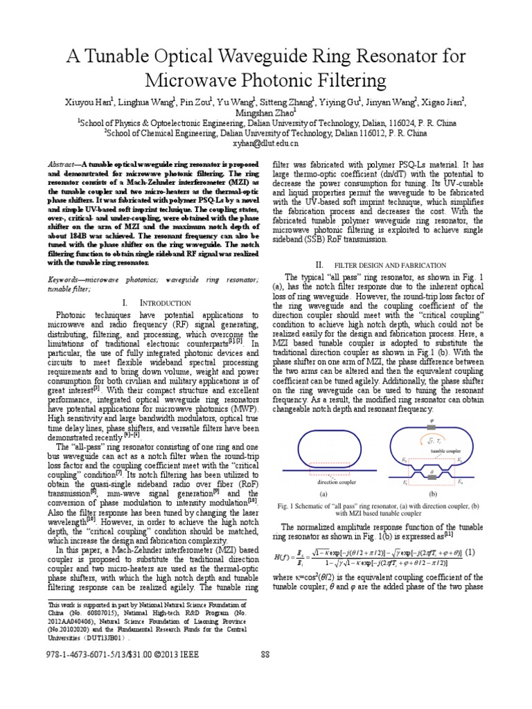 A Tunable Optical Waveguide Ring Resonator For Microwave Photonic