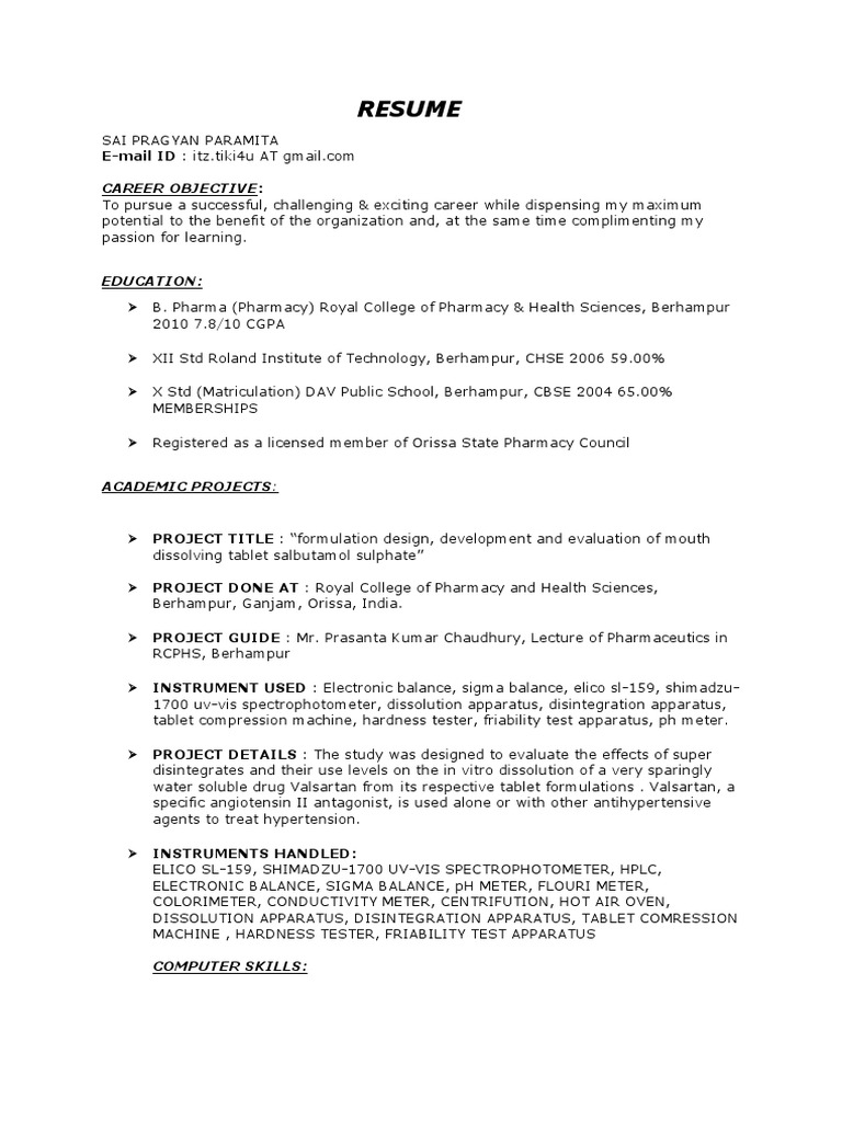 Sample resume for m pharm