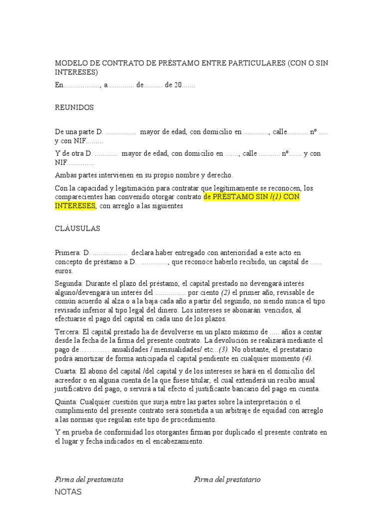 Contrato de Prestamo Entre Particulares Con o Sin 