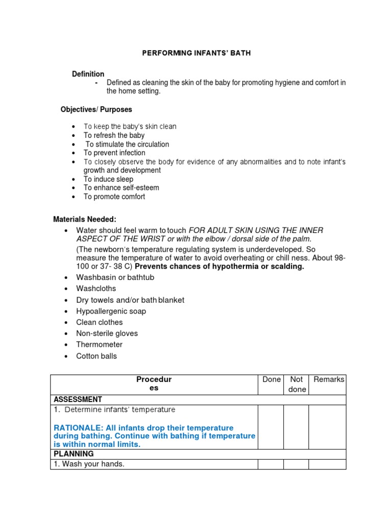 INFANT BATH Performance Checklist With RATIONALE PDF Hypothermia