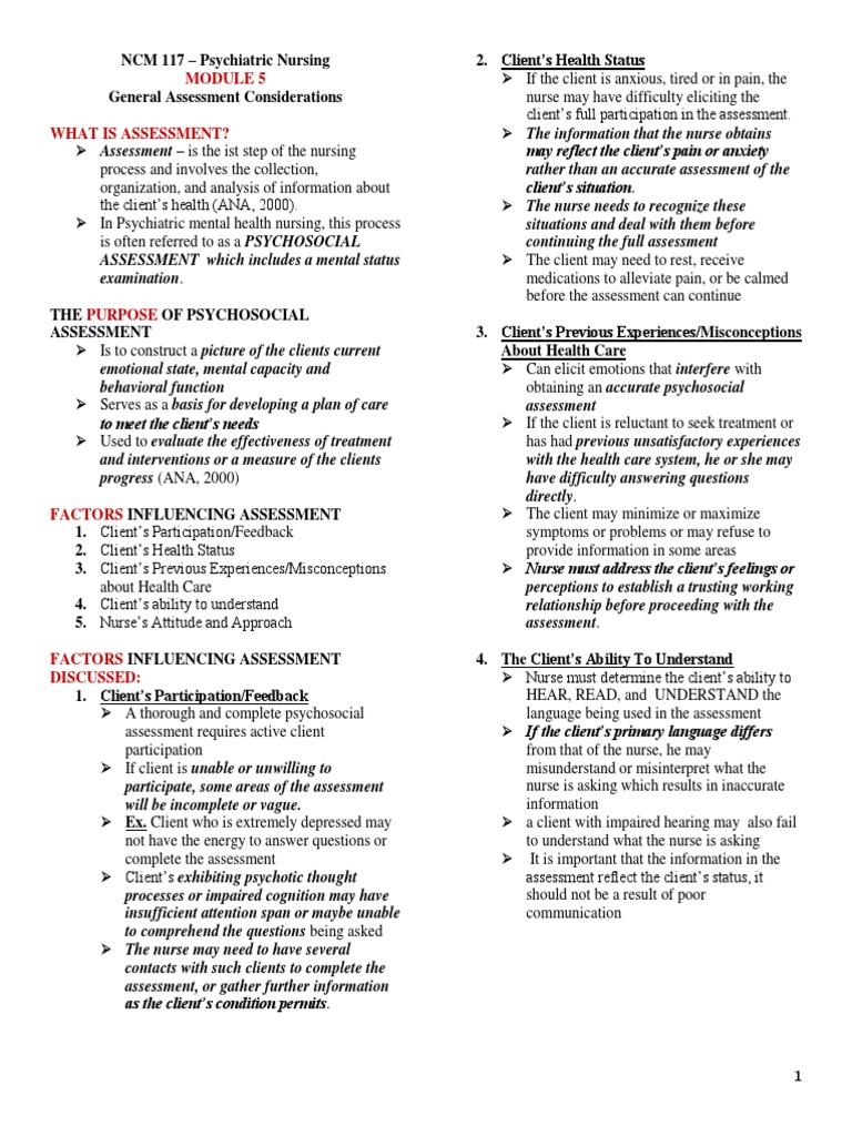 Psychosocial Assessment in NCM 117 | PDF | Anxiety | Delusion