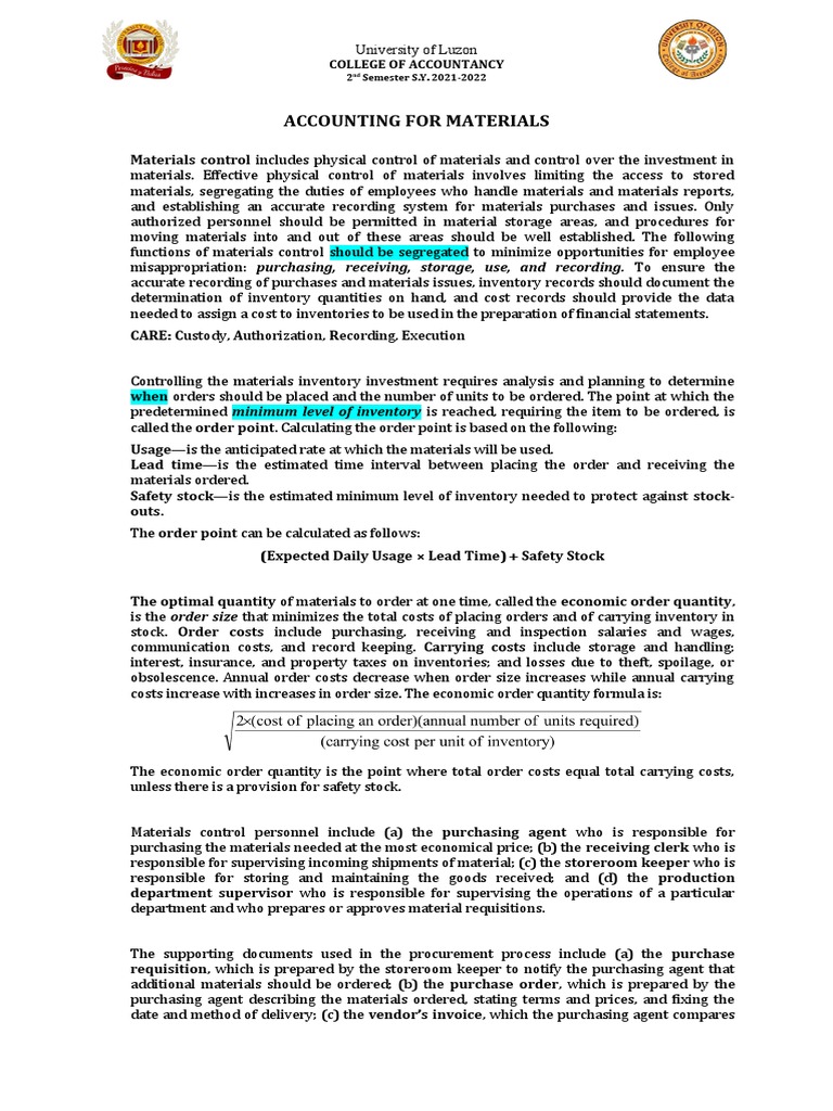 221ACC104 Materials Material | PDF | Inventory | Debits And Credits