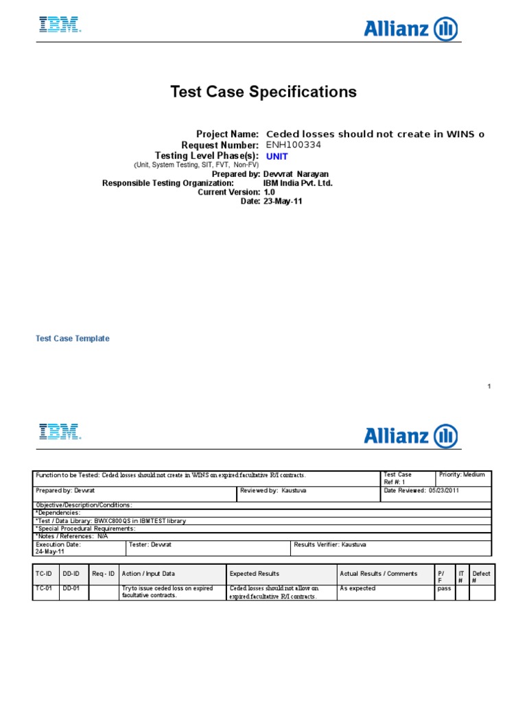Ceded Losses Test Case Specifications | PDF