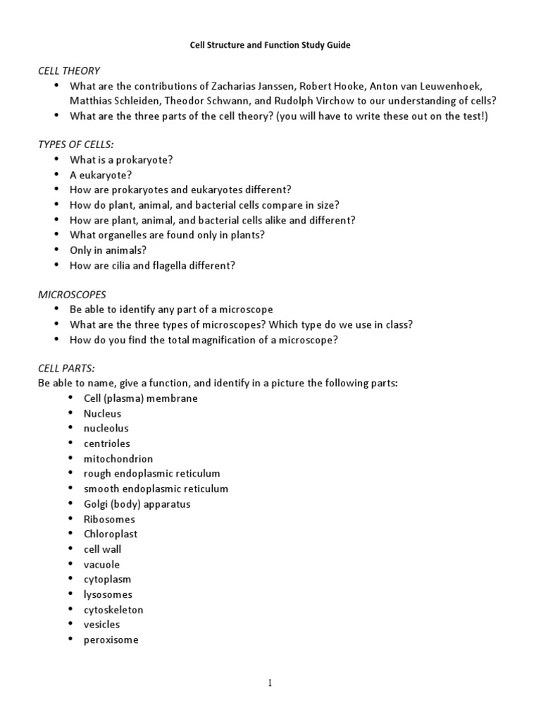 Cell Structure and Function Study Guide | PDF | Cell (Biology) | Eukaryotes