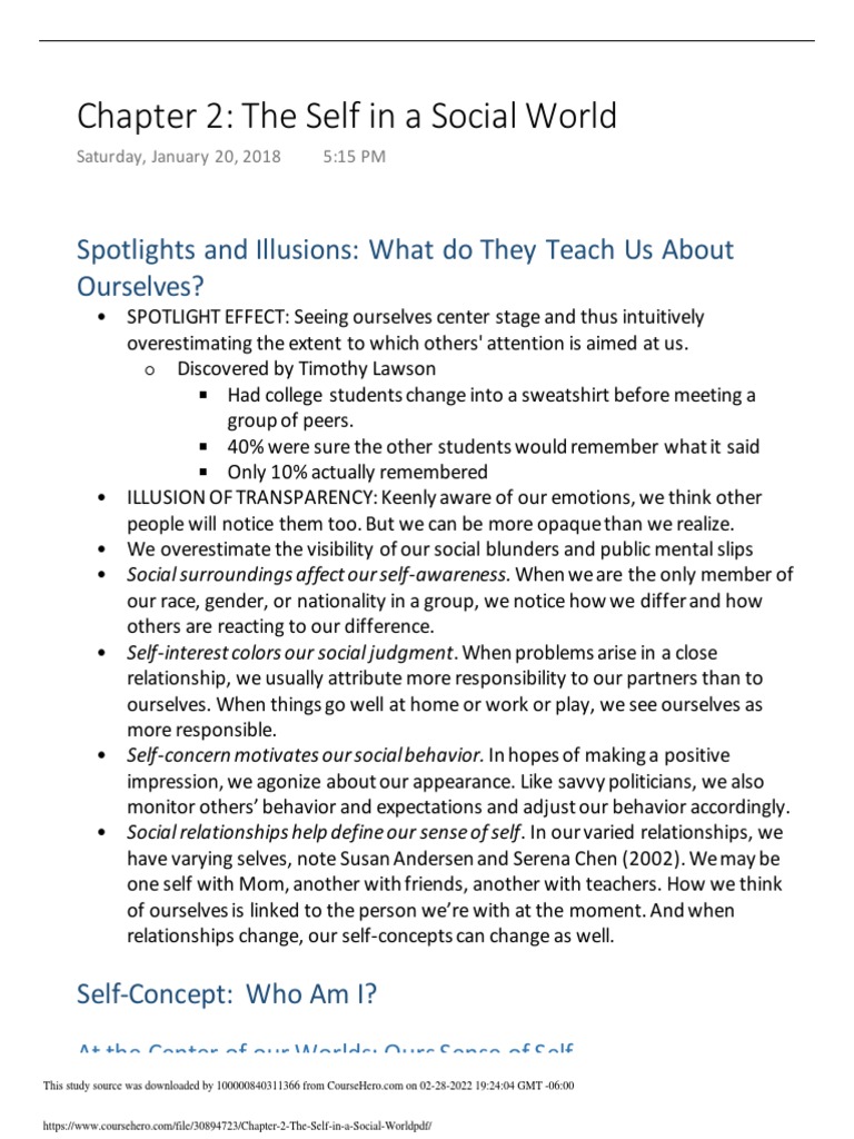 Chapter 2: The Self in A Social World: Spotlights and Illusions: What ...
