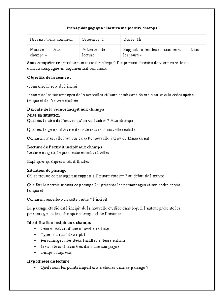 Aux Champs Guy De Maupassant Fiche De Lecture Incipit Aux Champs | PDF