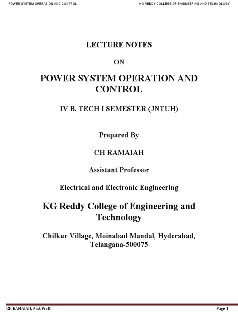 Power System Operation and Control Lecture Notes PDF Electric