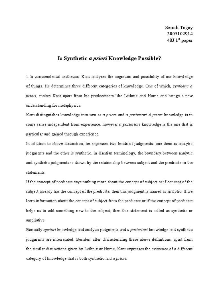 What Is Synthetic A Posteriori Knowledge Give An Example