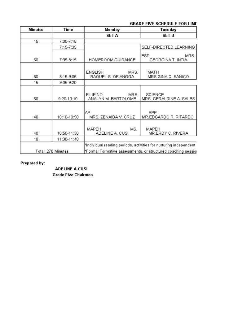 Grade Five Schedule For Limited FaceToFace Classes Minutes Time