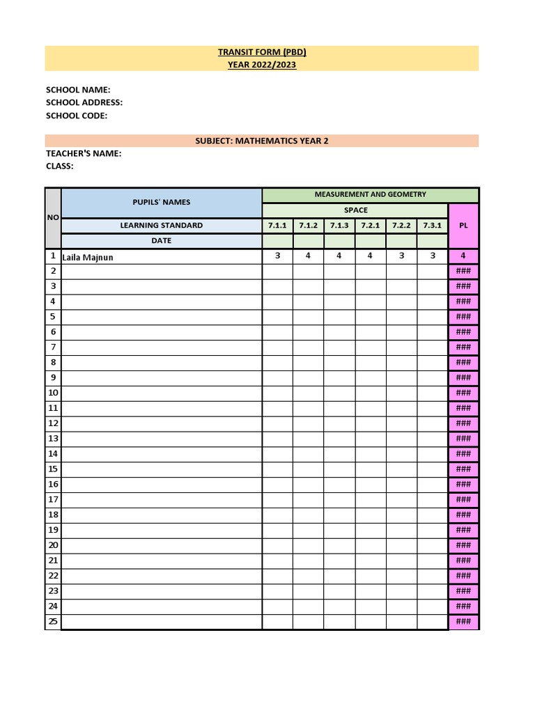 Transit Form Math Year 2 (L.area 2) C PDF Mathematics Science