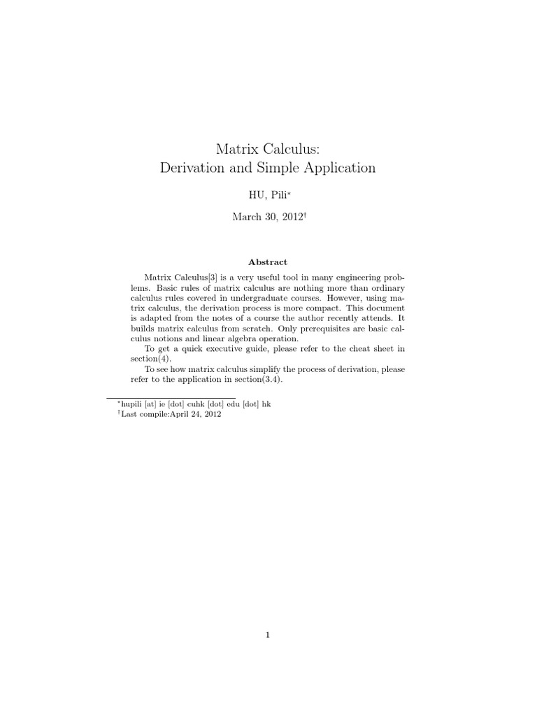 Matrix Calculus: Derivation and Simple Application: HU, Pili March 30 ...