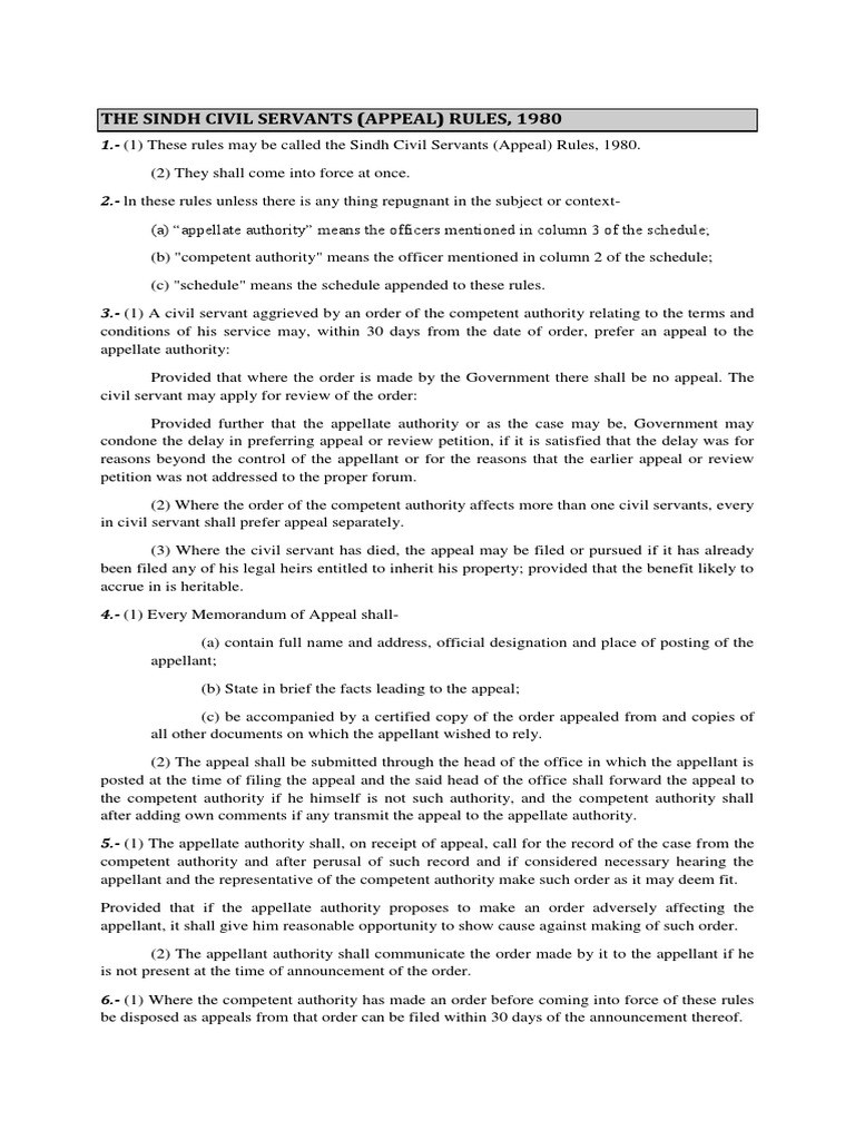 Sindh Civil Servants (Appeal) Rules, 1980 PDF Appeal Government