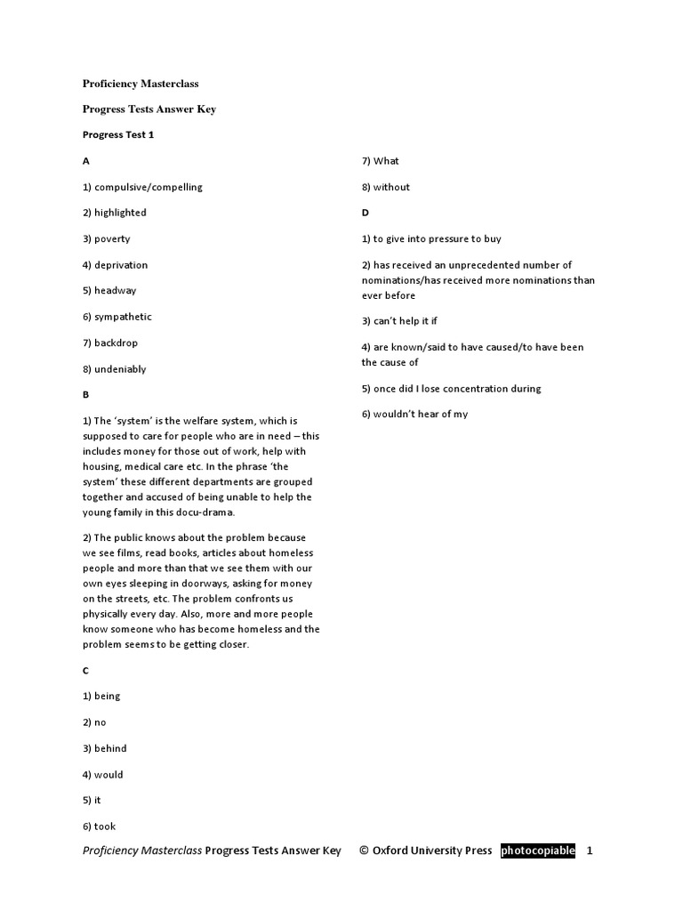 Proficiency Masterclass Progress Tests Answer Key | PDF | Career & Growth