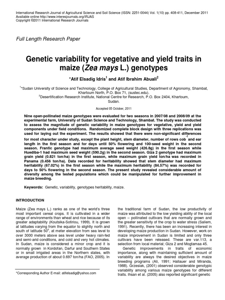 NEW Genetic Variability For Vegetative and Yield Traits in Maize Zea ...
