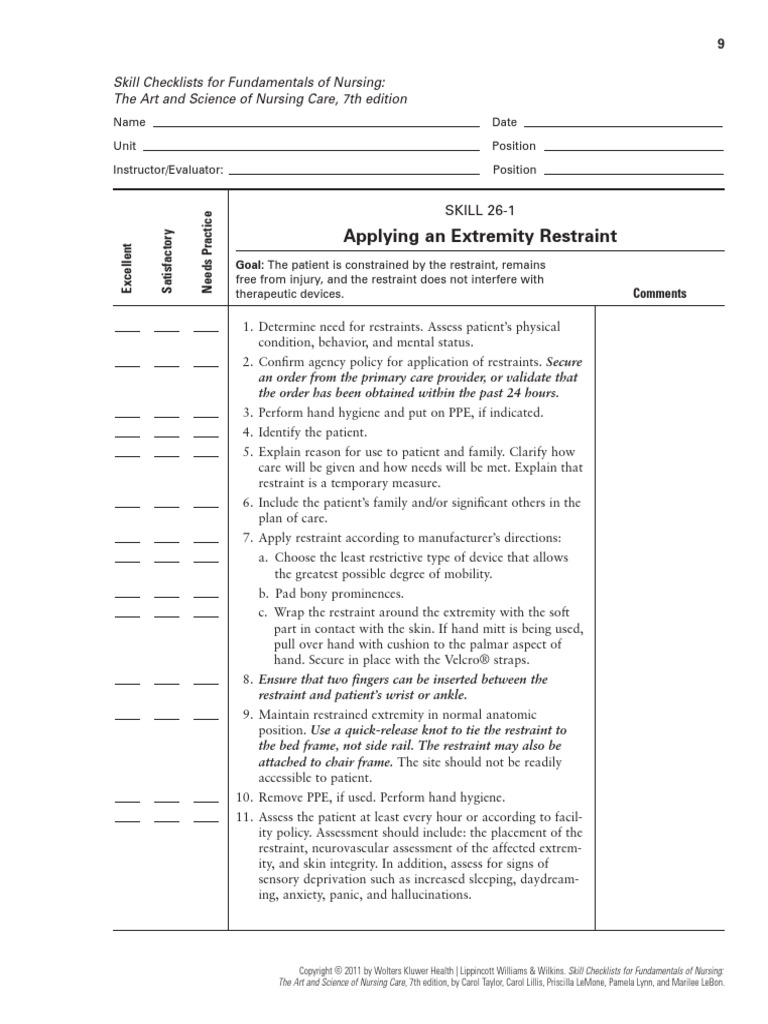 Skill Checklist Applying An Extremity Restraint | PDF | Hand | Nursing