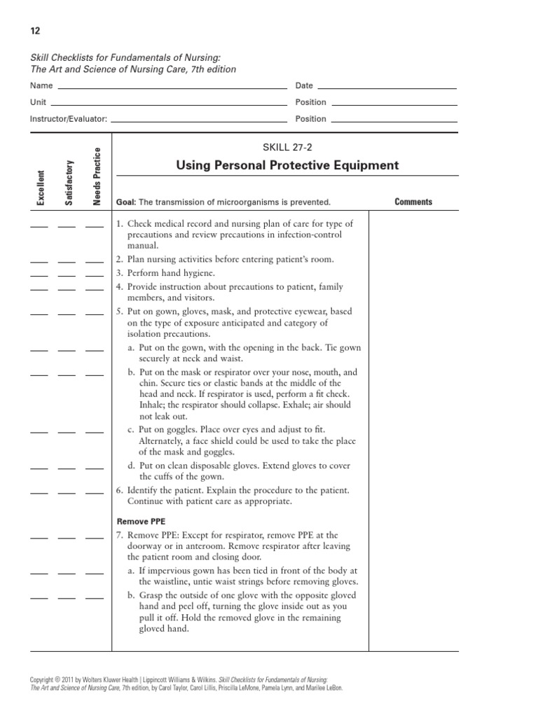 Skill Checklist Using Personal Protective Equipment | PDF | Personal ...