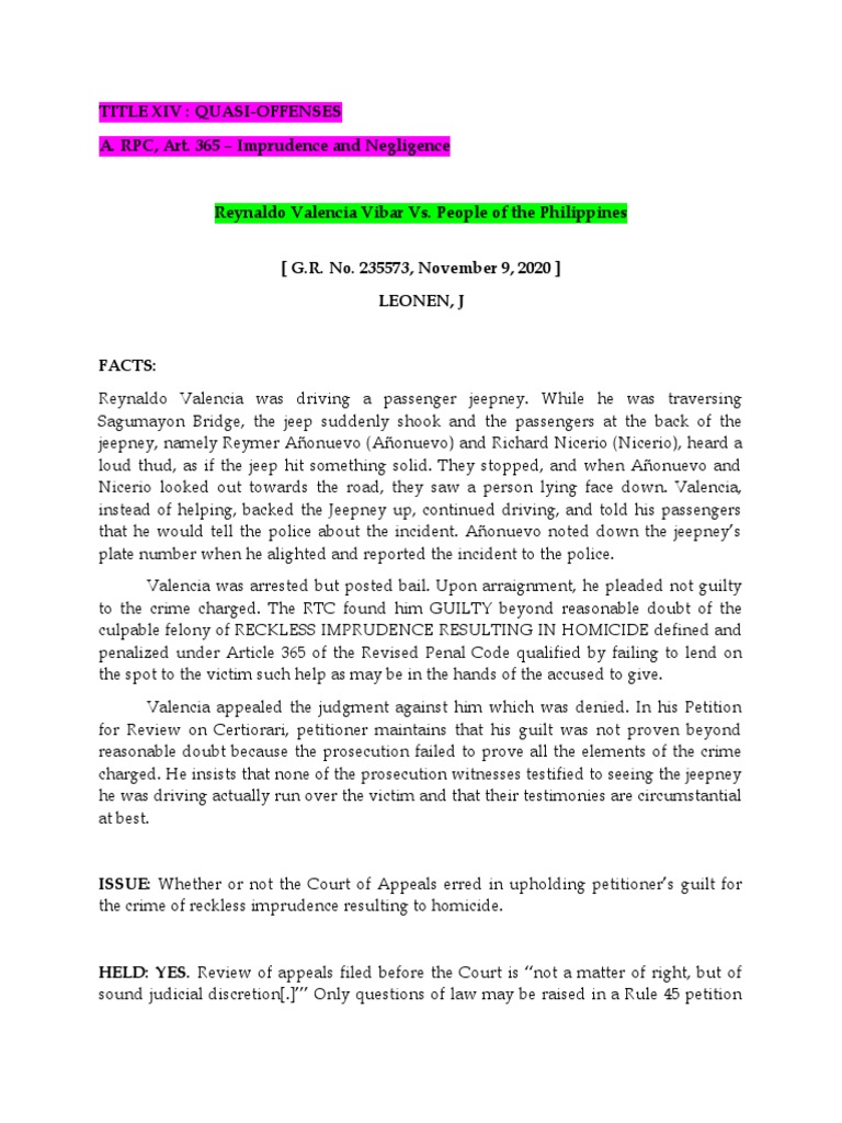 Imprudence and Negligence Cases | PDF | Negligence | Criminal Law