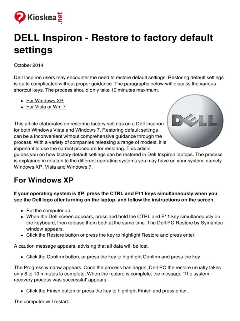 Dell Inspiron Restore To Factory Default Settings 7319 Ncscea PDF