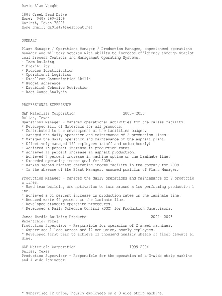 Plant Manager Or Operations Manager Or Production Manager PDF Team
