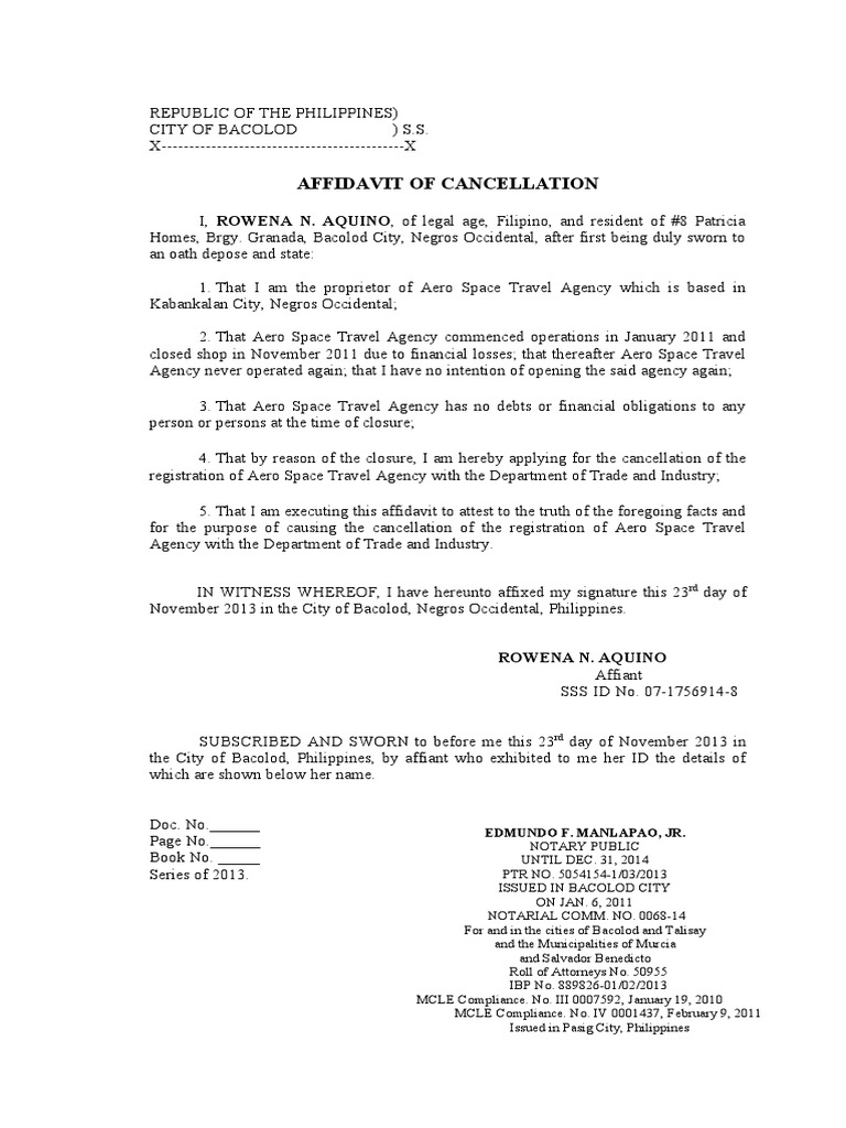Affidavit of Cancellation Rowena N. Aquino PDF Affidavit Document